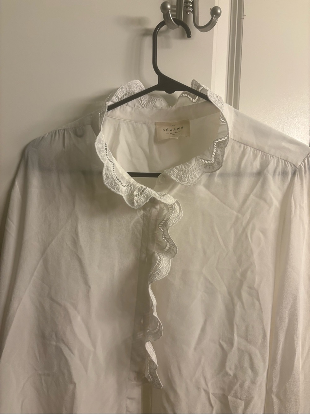 Sézane 100% Silk White Lace Ruffle Button Front Blouse